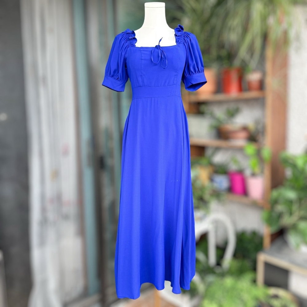 Fashion Blue Maxi Dress Women Sz Medium Puff Sleeves Smock Square Neckline